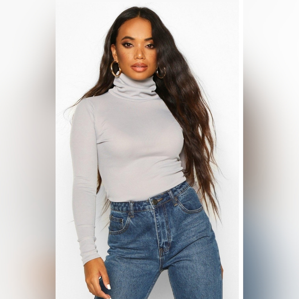 Boohoo Longsleeve Rib Turtleneck Top in Grey